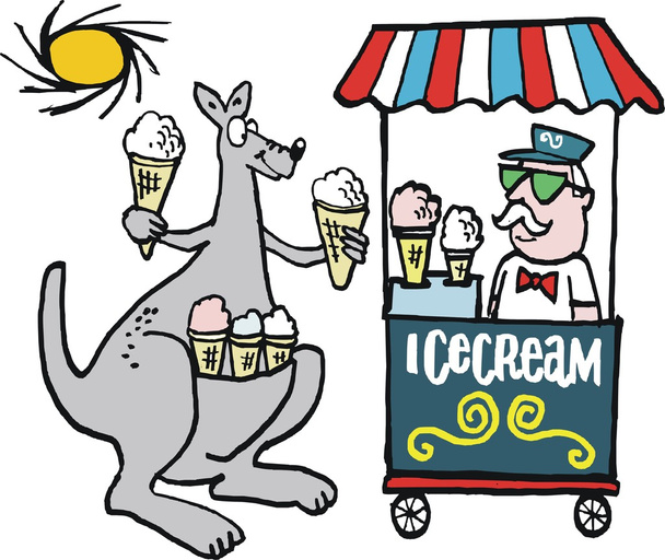 ハッピー カンガルーの暑い夏の日にベンダーからアイスクリームを購入. - ベクター画像