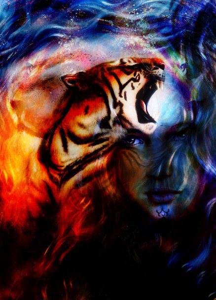 живопись могучая голова тигра на декоративном фоне и мистическое лицо женщины, компьютерный коллаж
. - Фото, изображение