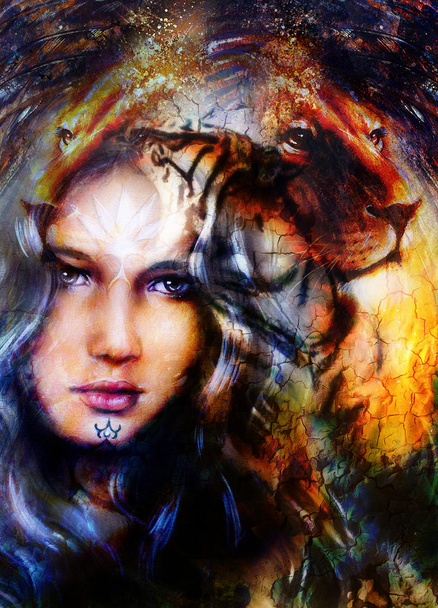 живопись могучий лев голову на декоративном фоне и мистическое лицо женщины, компьютерный коллаж
. - Фото, изображение