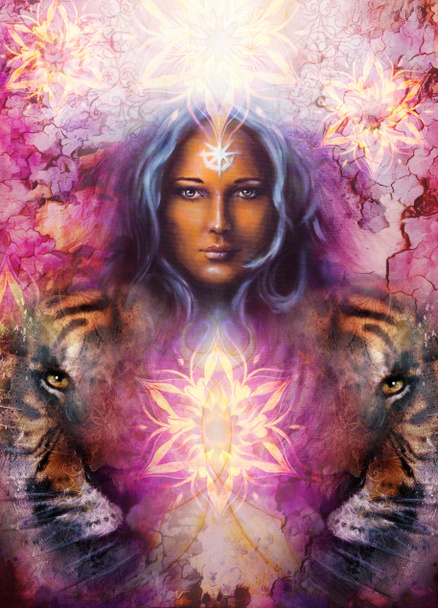 pintura poderosa cabeza de tigre sobre fondo ornamental y cara de mujer mística, collage de computadora
. - Foto, imagen