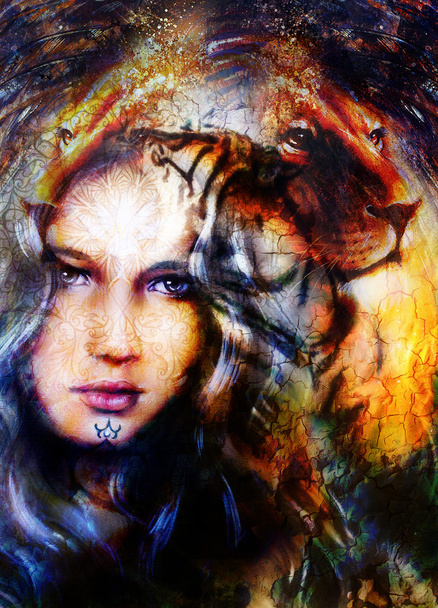 ζωγραφική πανίσχυρη λιοντάρι κεφάλι στο διακοσμητικό φόντο και το μυστικιστικό γυναίκα πρόσωπο, υπολογιστή κολάζ. - Φωτογραφία, εικόνα