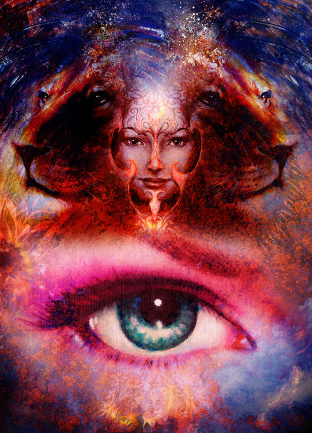 pintura poderosa cabeça de leão no fundo ornamental e mulher mística rosto com tatuagem phoenix em seu rosto, colagem de computador
. - Foto, Imagem