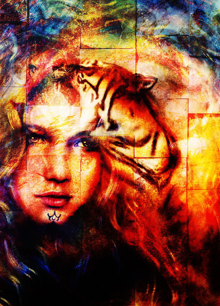 pintura poderosa cabeza de tigre sobre fondo ornamental y cara de mujer mística, collage de computadora. estructura de pared
. - Foto, imagen