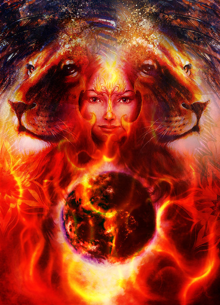 obraz mocného lva, hlavy a obličeje mystic žena s phoenix tetování na obličeji, ornament pozadí. počítačové koláže. - Fotografie, Obrázek