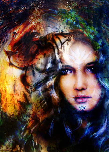 mujer diosa sosteniendo una fuente de una luz blanca y la cabeza de león. fondo abstracto con manchas
. - Foto, imagen