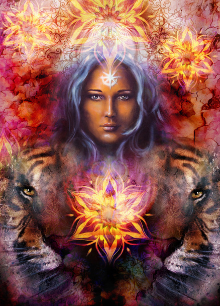 pintura poderoso tigre cabeça no fundo ornamental e mulher mística rosto, colagem de computador
. - Foto, Imagem