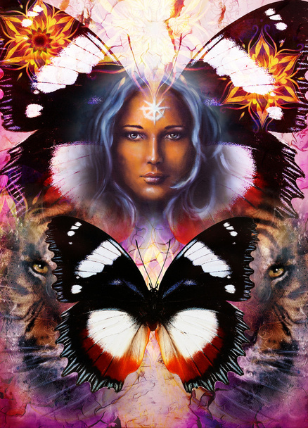 painting mighty tiger head on ornamental background and mystic woman face with white light star on face and butterfly, computer collage. - Φωτογραφία, εικόνα