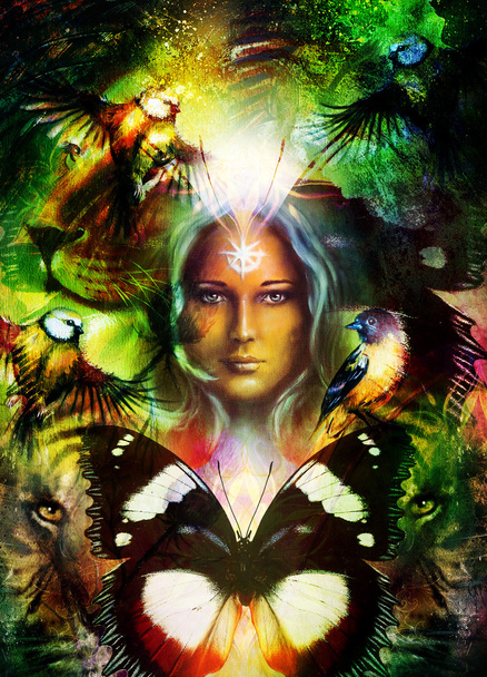 Malování, mocný lev a tygr hlava a mystic žena tvář s ptačí a motýl, ozdoba pozadí. počítač koláž, profil portrét. - Fotografie, Obrázek
