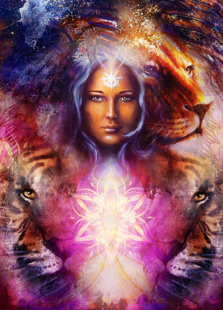 живопись могучий лев и тигр голову на декоративном фоне и мистическая женщина лицо, компьютерный коллаж
. - Фото, изображение