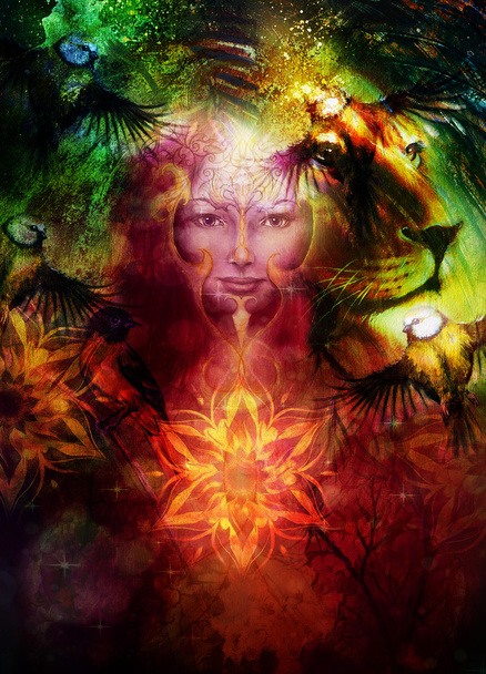 obraz mocného lva, hlavy a obličeje mystic žena s phoenix tetování na obličeji, ornament pozadí. počítačové koláže. - Fotografie, Obrázek