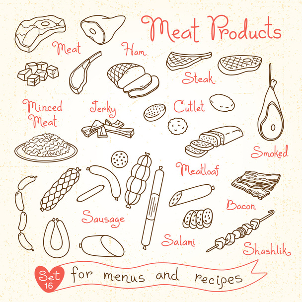 Set disegni di prodotti a base di carne per menu di design, ricette e confezioni del prodotto. Illustrazione vettoriale
. - Vettoriali, immagini