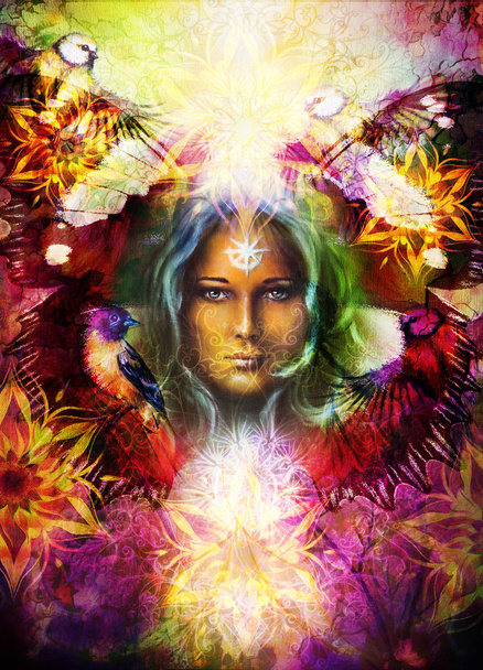 Beautiful Painting Goddess Woman with bird and ornamental mandala and butterfly wings and color abstract background  and eye contact. - Foto, afbeelding