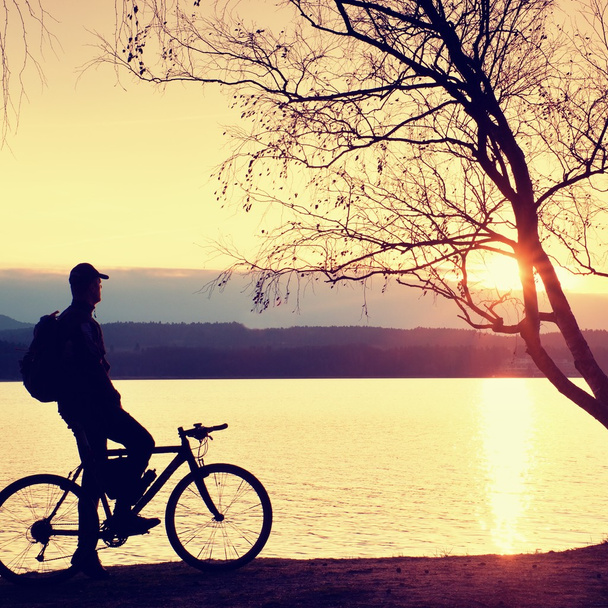 Силуэт молодого велосипедиста на голубом небе и фоне заката на пляже. Конец сезона на озере
. - Фото, изображение