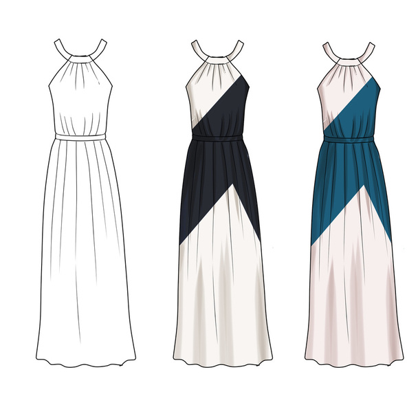 Επίπεδη πρότυπο εικονογράφηση μόδας - μακρύ με φόρεμα με διαγώνια εκτύπωσης - Φωτογραφία, εικόνα