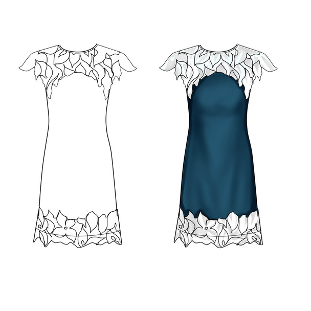 Επίπεδη πρότυπο εικονογράφηση μόδας - τζιν και άσπρα δαντέλλα φόρεμα - Φωτογραφία, εικόνα