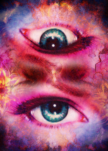 Blauwe godin vrouwen oog, veelkleurige achtergrond met oosterse mandala sieraad. contact met de ogen. - Foto, afbeelding