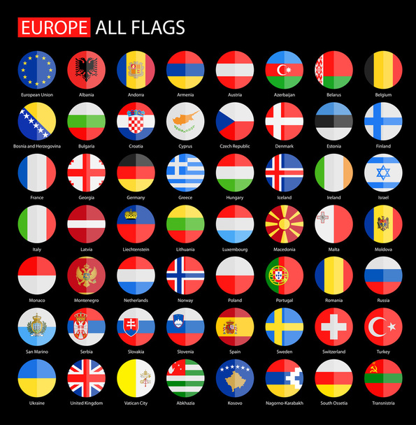 Плоскі круглі прапори Європи на чорному тлі - повна векторна колекція
. - Вектор, зображення