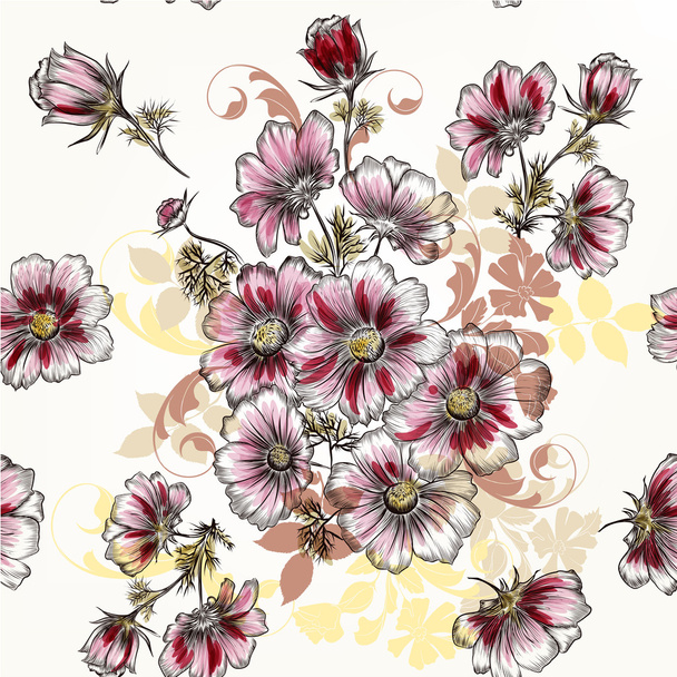 Seamless wallpaper pattern with hand drawn cosmos flowers - Vektör, Görsel