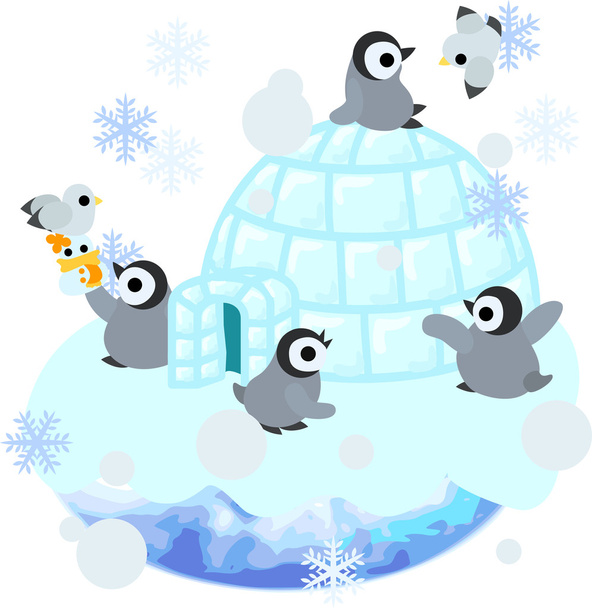 Pingvin és a jégkunyhó építést. - Vektor, kép