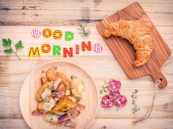 Breakfast  setup on wooden table with colourful Good Morning wor - Fotografie, Obrázek