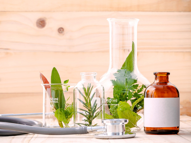 Alternative health care fresh herbal in laboratory glassware  wi - Foto, afbeelding