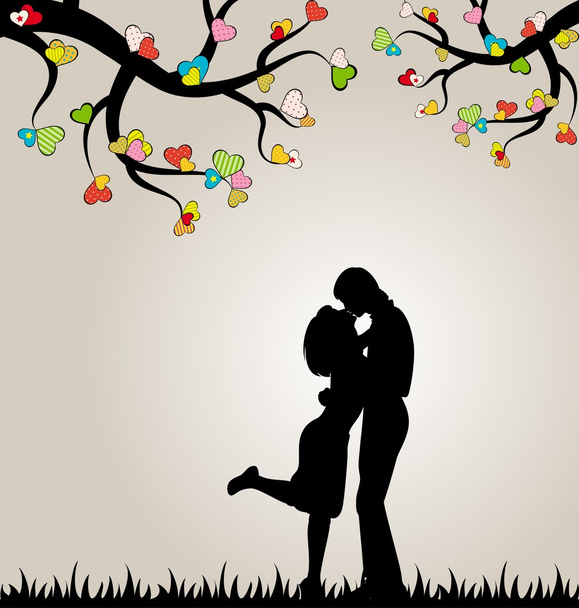 Valentines day background with silhouette of lovers and hearts. Vector - Vector, Image