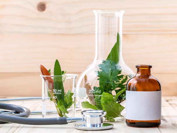 Alternative health care fresh herbal in laboratory glassware  wi - Foto, imagen