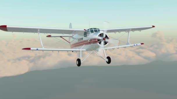 アントノフ 2 の双面は、悪天候で飛ぶ。古い白いレトロな飛行機。現実的な物理学アニメーション、リアルな反射や運動。グローバル イルミネーションをレンダリングします。映画のような映像 - 映像、動画