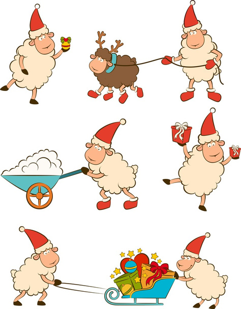 Weihnachten lustige Schafe mit Geschenken. Vektorsatz - Vektor, Bild