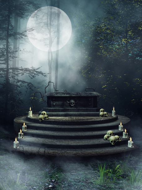 Altare di fantasia con candele e teschi
 - Foto, immagini