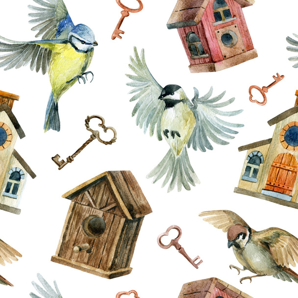 Retro birds, birdhouses and keys seamless pattern - Photo, Image
