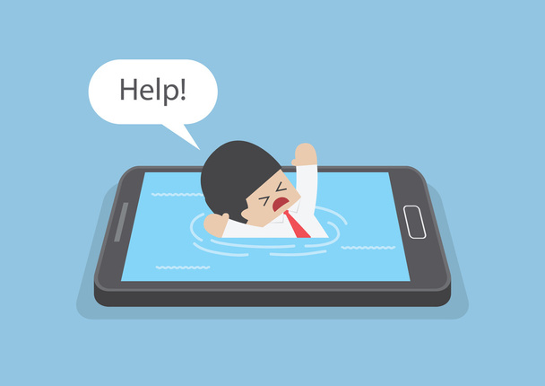 Бизнесмен утонул или утонул в смартфоне
 - Вектор,изображение