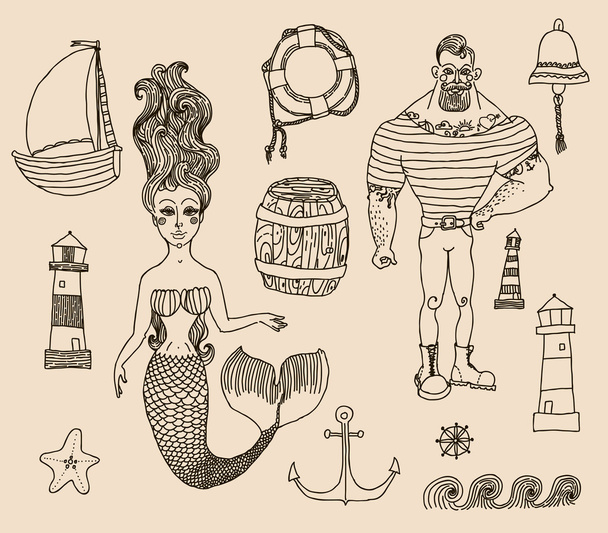set with sailor, lighthouse, mermaid, ship and other. - Vektor, kép