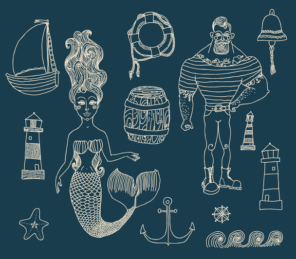 set with sailor, lighthouse, mermaid, ship and other. - Вектор, зображення