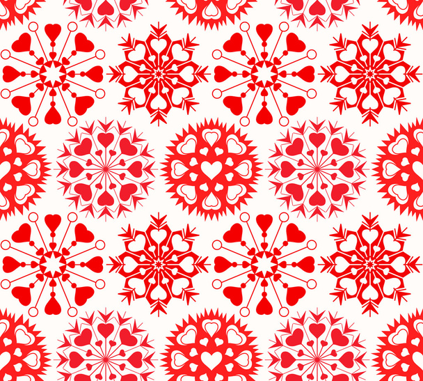 Seamless pattern of heart view snowflakes. Winter, Christmas, Valentine day, birthday texture. Stylized unusual red ornament on white background. Vector - Vetor, Imagem