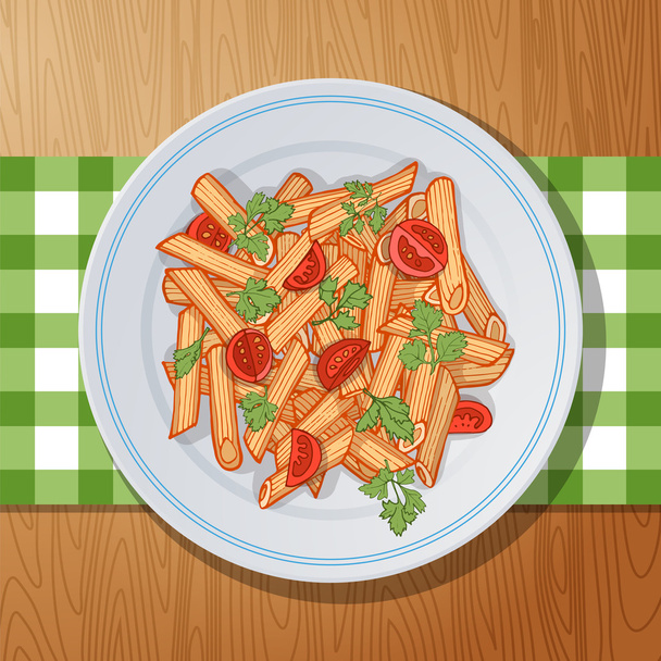 penne rigate la pasta con pomodorini e prezzemolo su un tavolo di legno
 - Vettoriali, immagini
