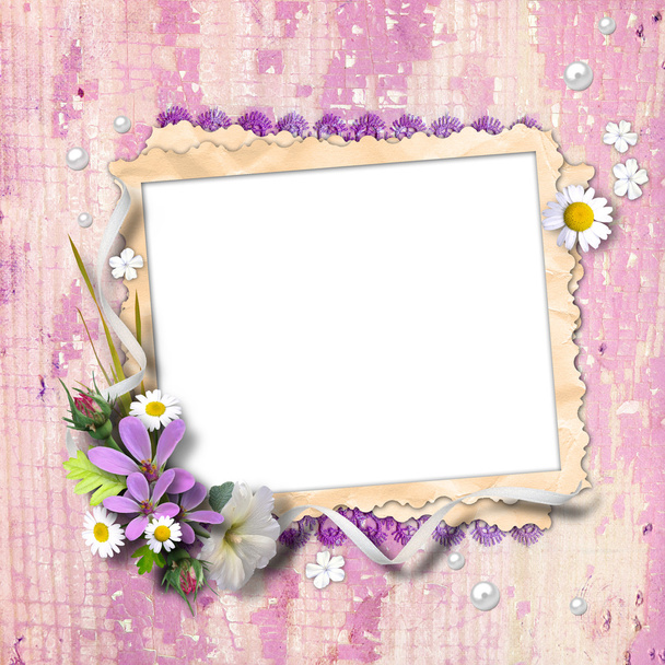Retro photo framework with flowers - Фото, зображення