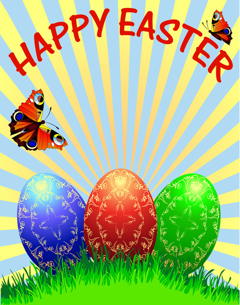 Easter background with egg and butterfly and ray - Vector, Imagen