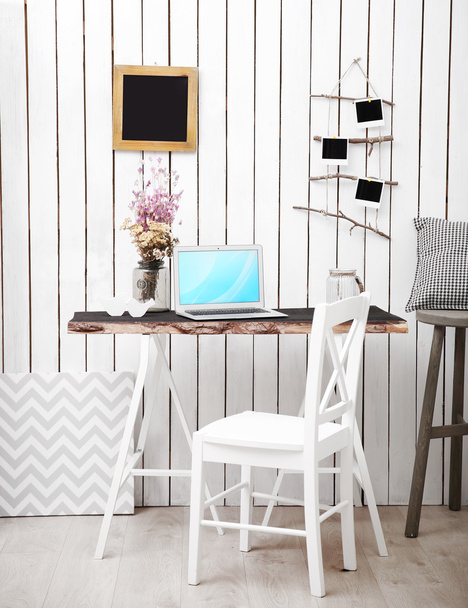 Modern workplace for designer on brick wall background - Foto, afbeelding