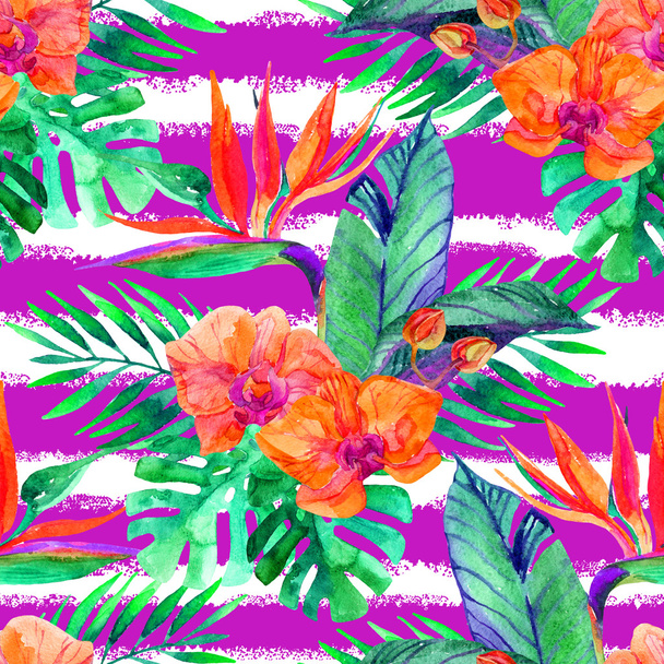 Tropical leaves and flowers. Floral design background. - Фото, изображение