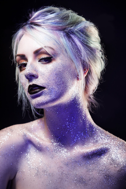 Unusual girl with bright fashion makeup, creative body art on theme space and stars. - Fotoğraf, Görsel
