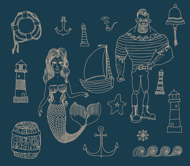 セーラー、灯台、人魚、船 - ベクター画像