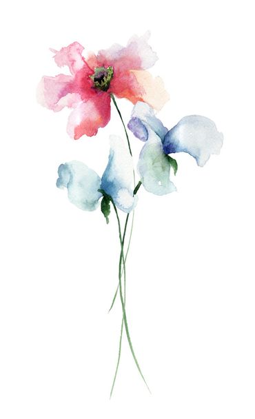 Stylized flowers watercolor illustration - Fotoğraf, Görsel