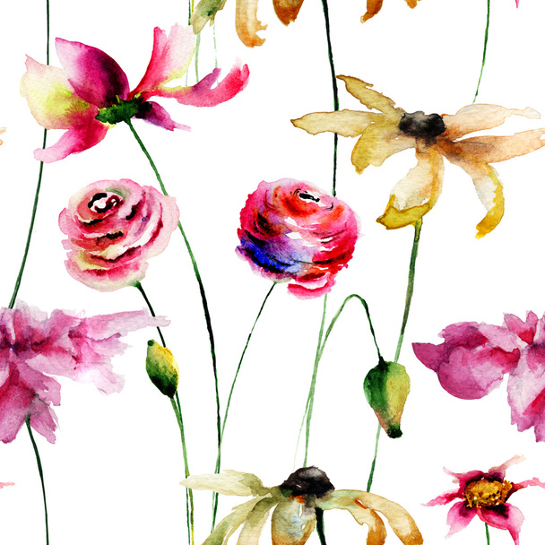 Seamless wallpaper with summer flowers - Zdjęcie, obraz