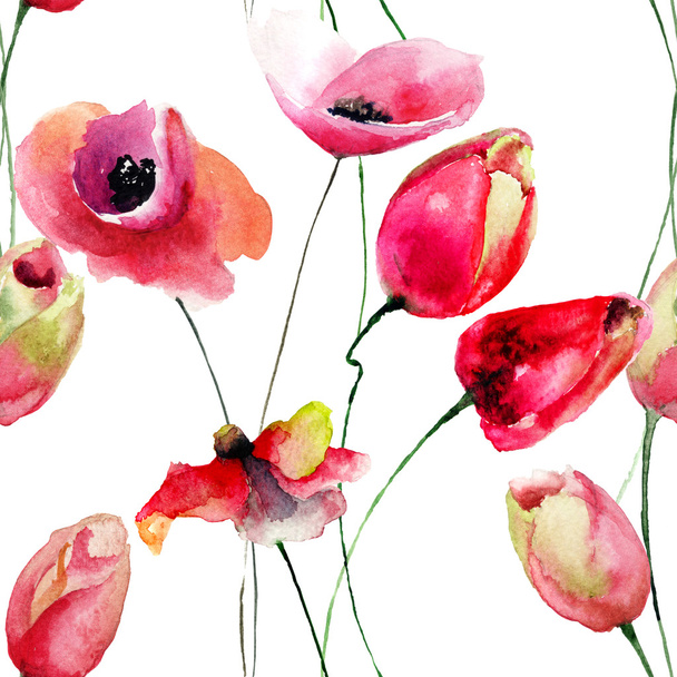 Poppy and Tulips flowers - Foto, Imagen