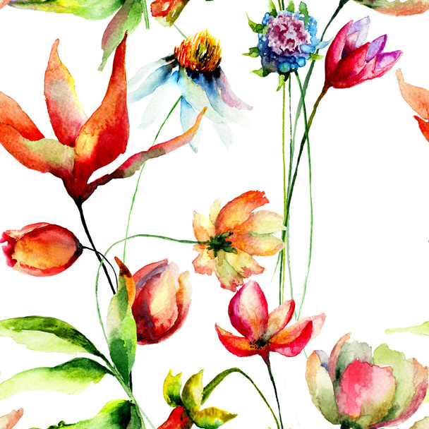 Seamless wallpaper with wild flowers - Foto, Imagem