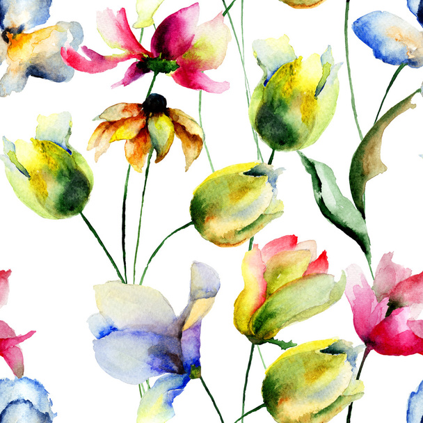 Seamless wallpaper with Tulips and Gerbera flowers - Foto, afbeelding
