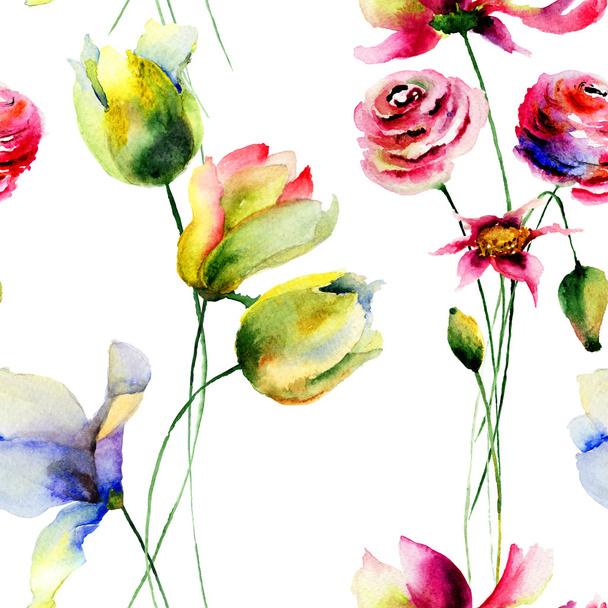 Seamless wallpaper with Stylized flowers - Zdjęcie, obraz