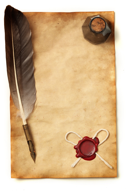 Blank paper with wax seal, quill & ink - Photo, Image