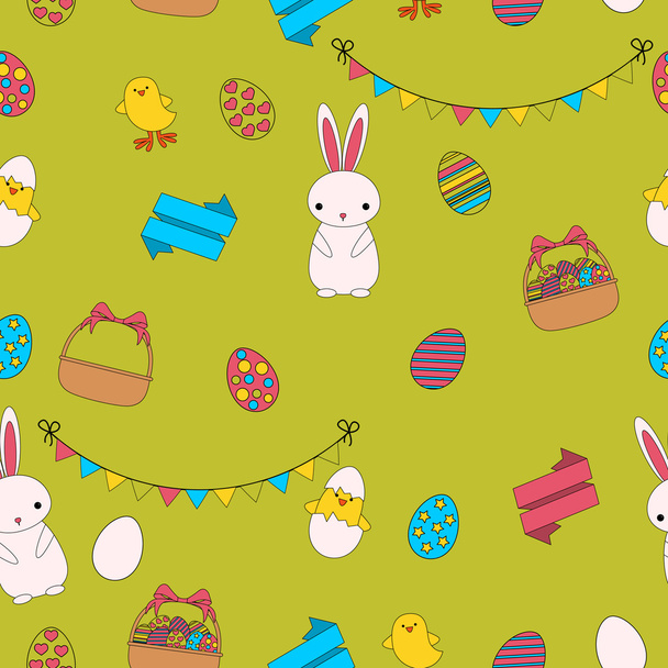 Seamless pattern Easter. Rabbit, chick and eggs. Flat line design. Vector illustration - Vecteur, image